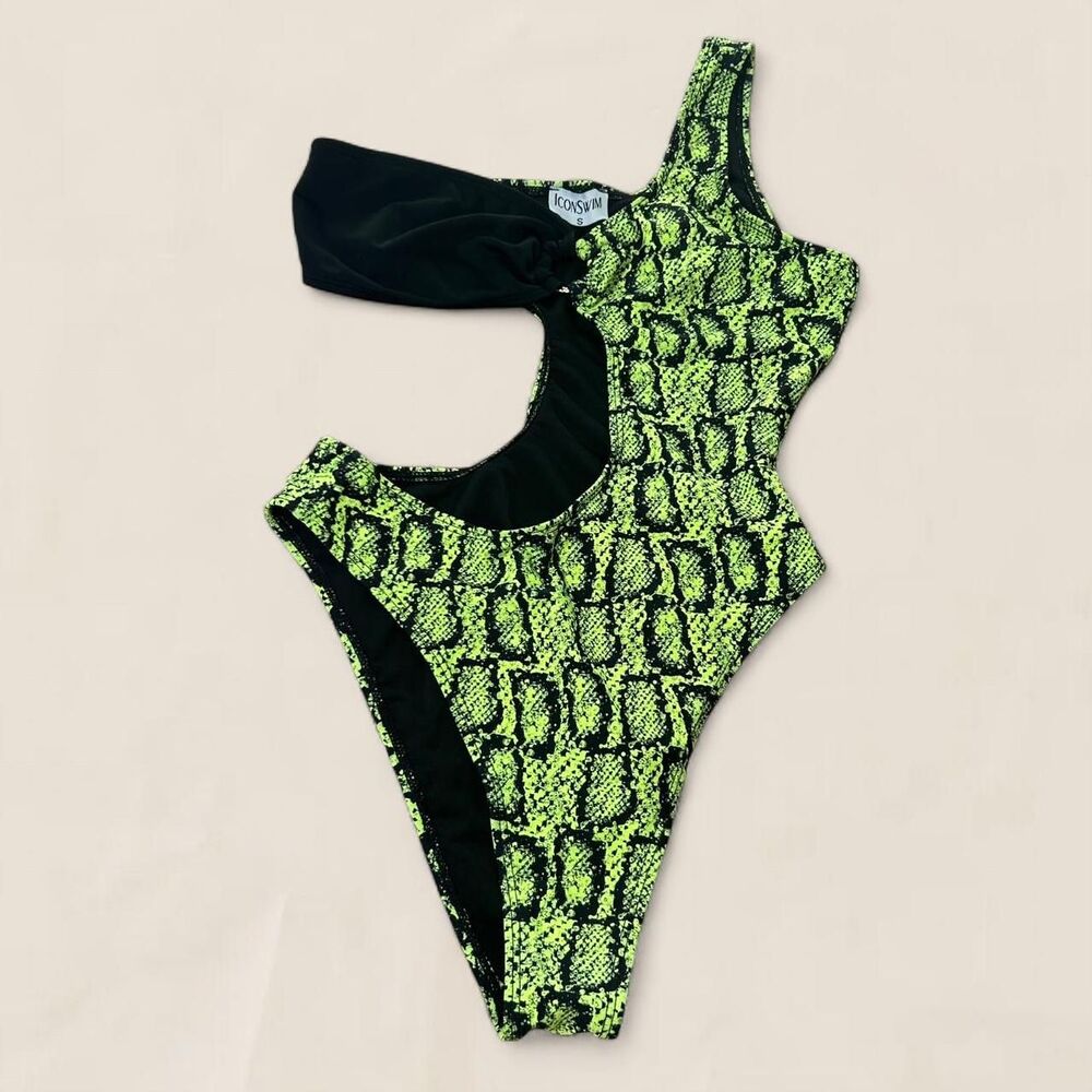 Icon Swim animal print cut out green one piece swimsuit bikini | Size Small